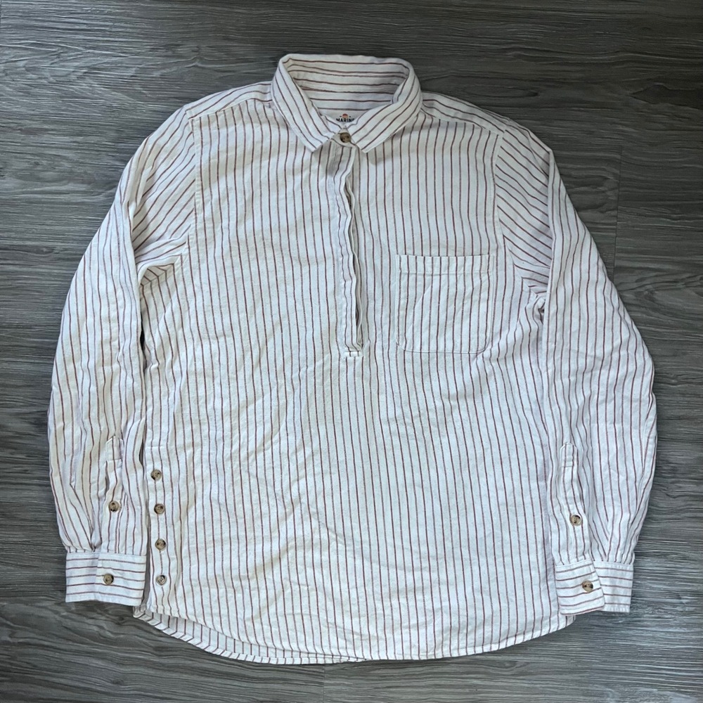 Marine Layer Womens Organic Cotton Striped Popover Shirt White Red Medium